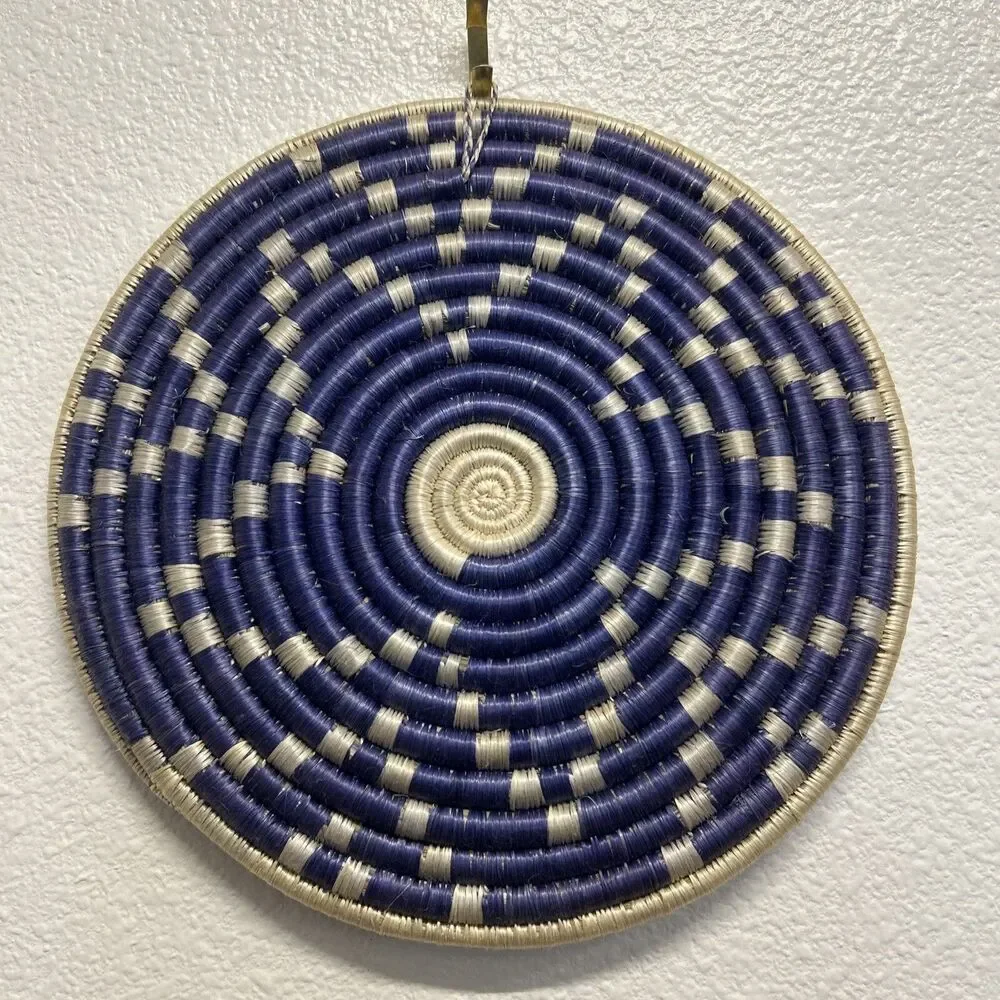 African Woven Malindi Coil Basket Purple Brown Bohemian Round Wall Decor